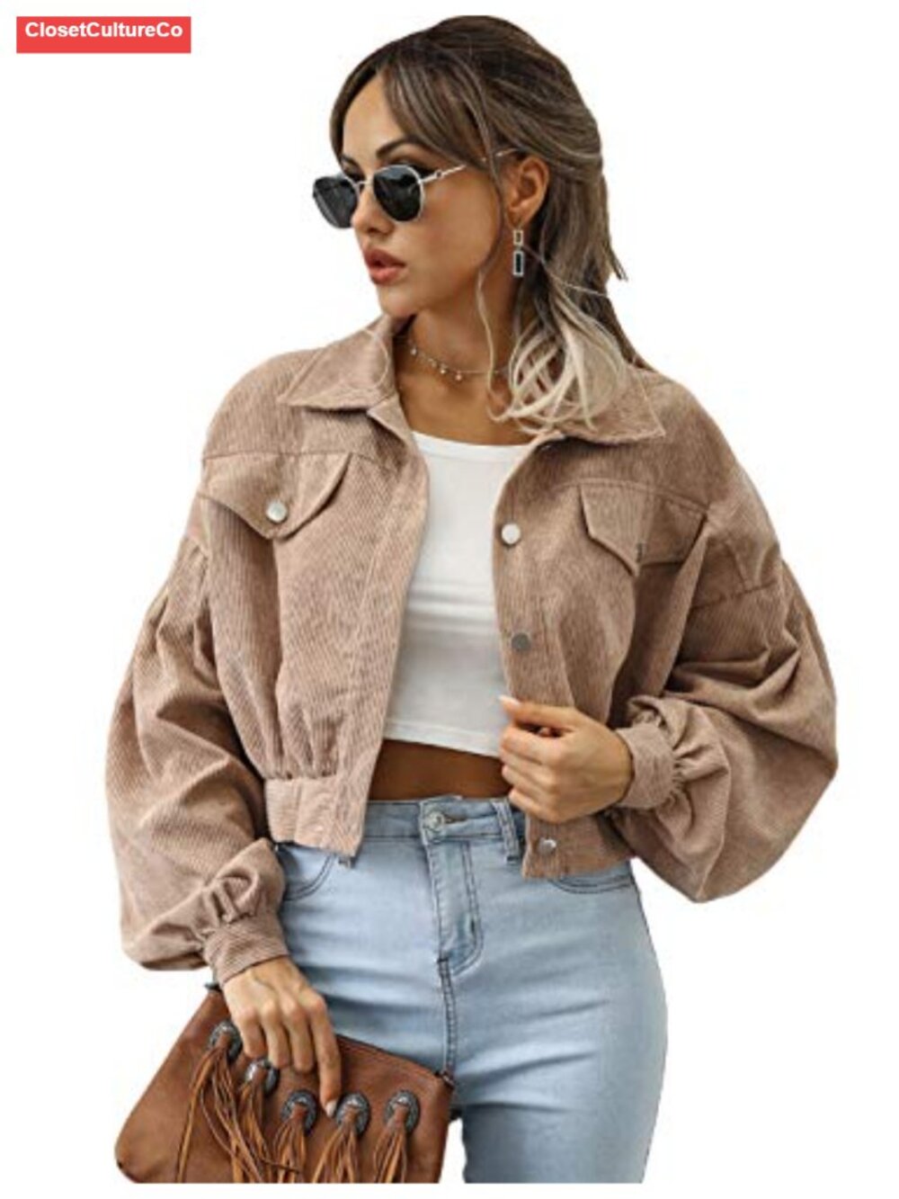 Womens Cropped Corduroy Shacket Button Down Puff Sleeve Loose Jacket Coat